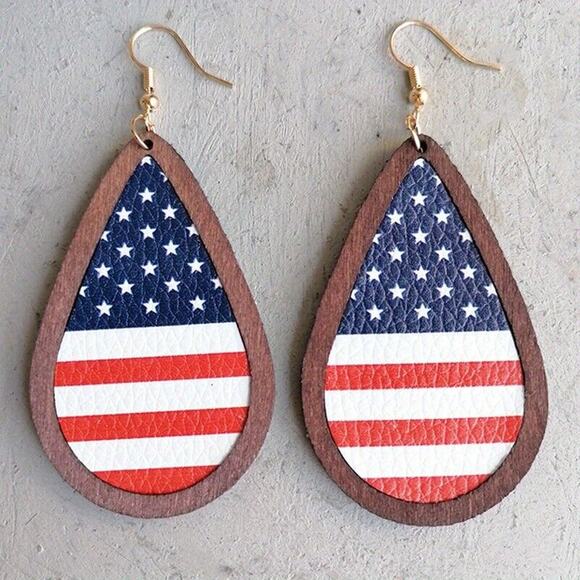 Bohemian National Flag Water Droplets Dangly Earrings 4th Stars Stripes Country - Picture 1 of 9